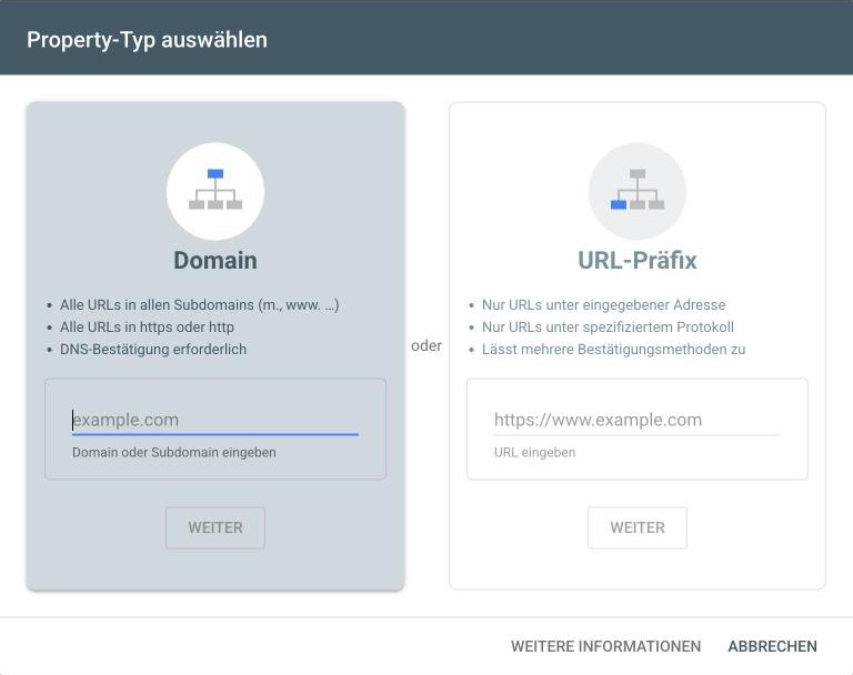 Screenshot Google Search Console: Dialog Property-Typ auswählen mit Domain und URL-Präfix