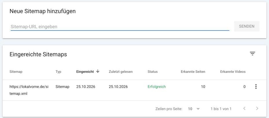 Screenshot Google Search Console: Sitemap von lokalvorne.de eingereicht, Status Erfolgreich, 10 erkannte Seiten