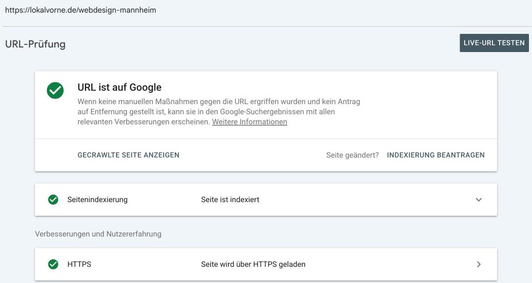 Screenshot Google Search Console: URL-Prüfung für lokalvorne.de/webdesign-mannheim mit Ergebnis URL ist auf Google